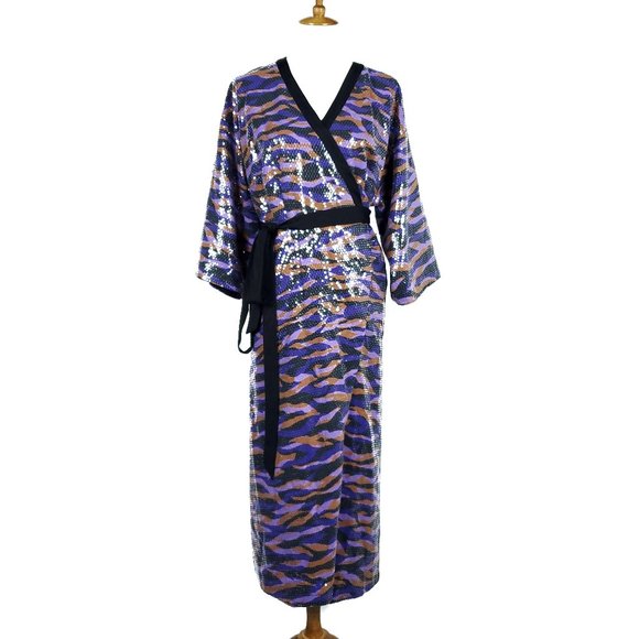 Eloquii Dresses & Skirts - Eloquii Womens Wrap Maxi Kimono Dress 14 Purple Blue Sequin Camouflage Tie Belt